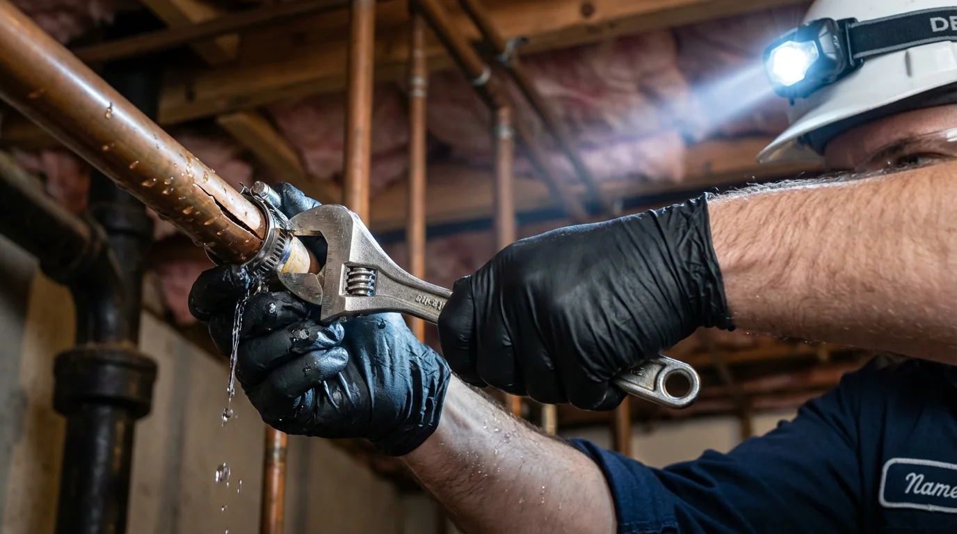Emergency pipe clamp repair being performed by a Johns Plumbing LLC plumber in Turlock