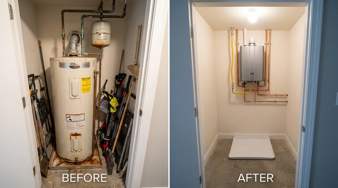 Tank water heater versus wall-mounted tankless unit comparison for Turlock, CA homeowners