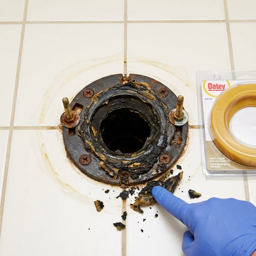 Failed wax ring showing water seepage at the base of a toilet in a Turlock, CA home